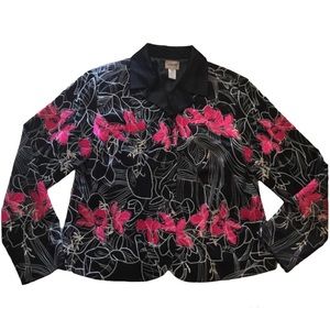 Chico’s Silk Blend Embroidered Floral Tapestry Lined Long Sleeve Tuxedo Jacket